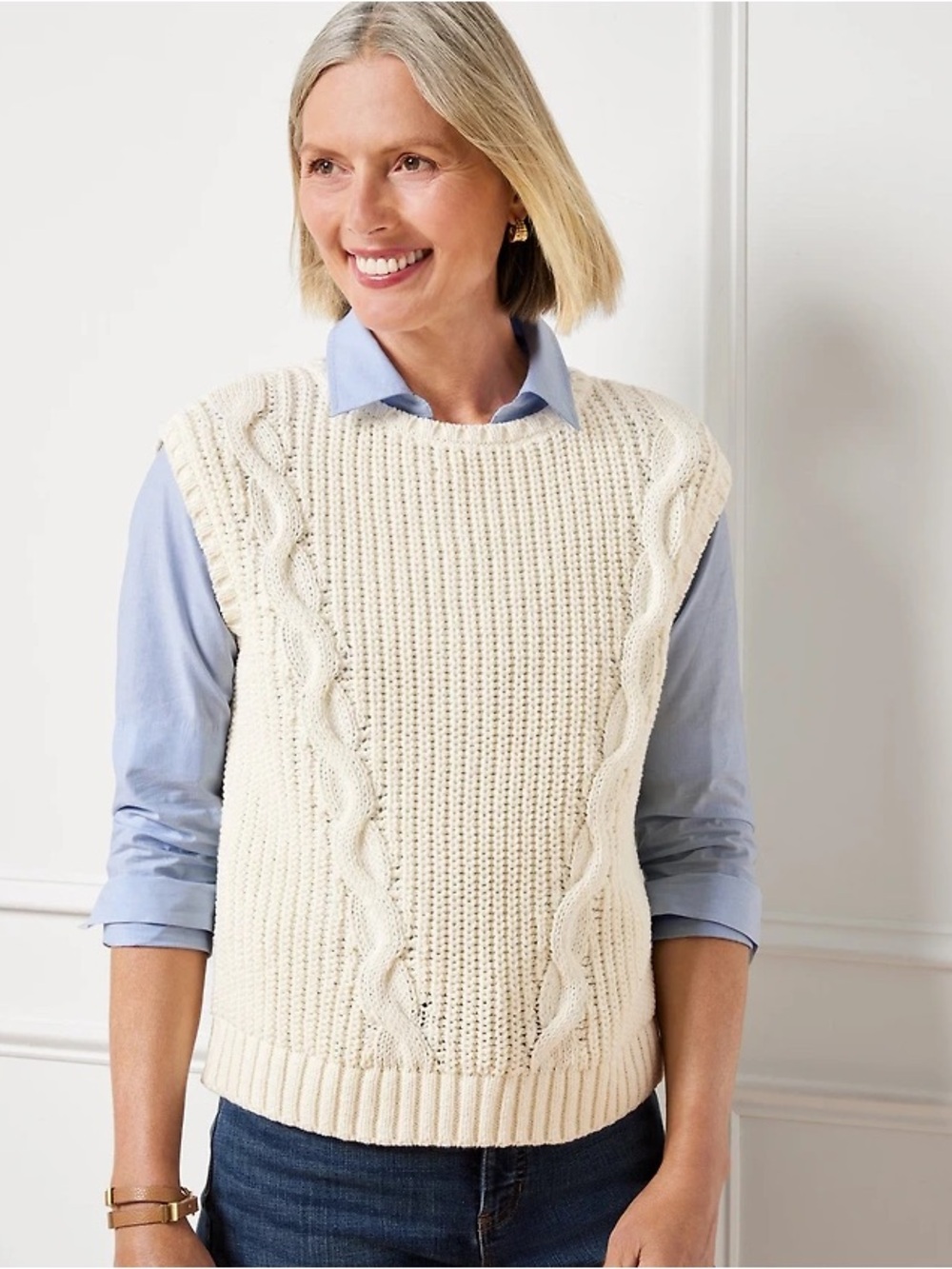Talbots Ivory Convertible Cowl-Neck Cable-Knit Sweater Vest